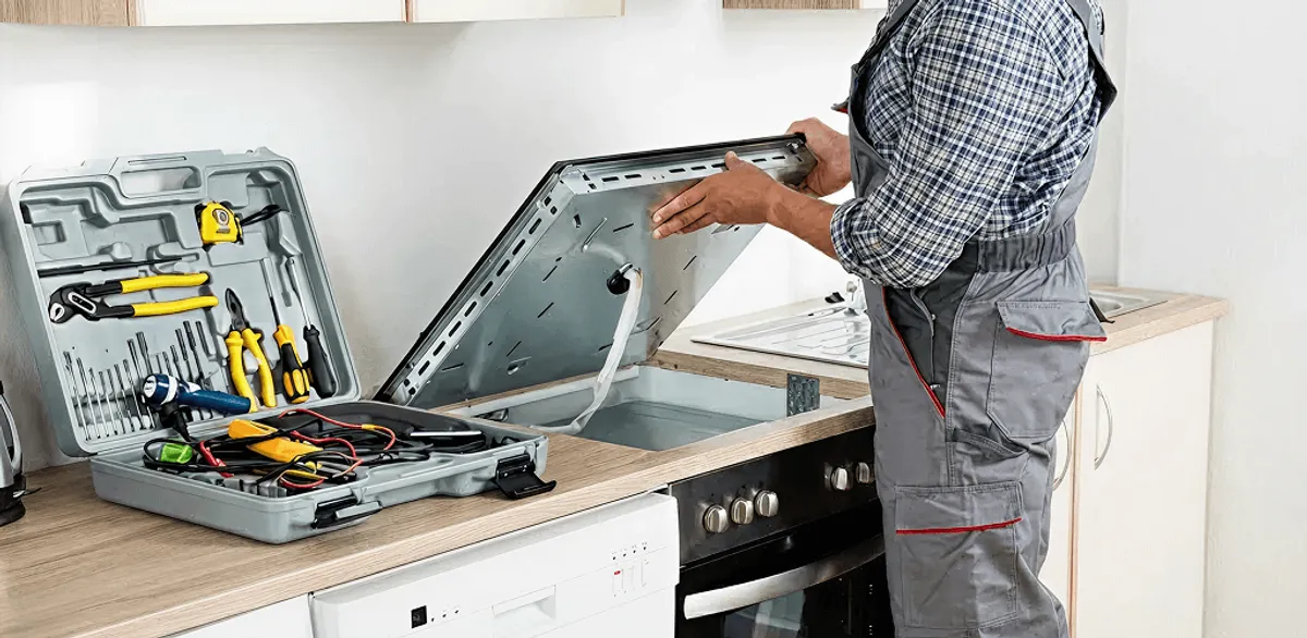 Handyman repairing a cooktop and checking wiring connections in Sacramento, CA
