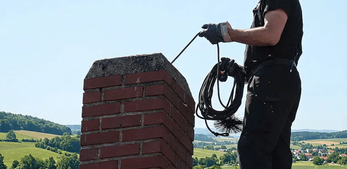 Chimney sweep inspecting and cleaning a rooftop chimney in Sacramento, CA